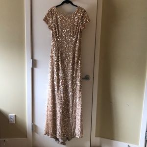Adrianna Papell gold sequin bridesmaid dress